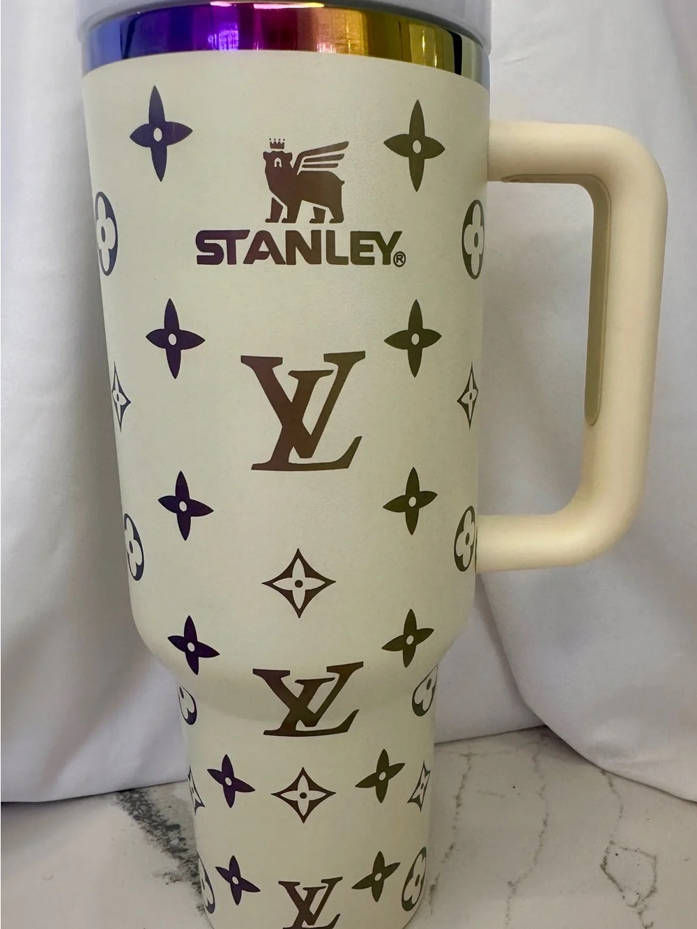 LV Style Cream Monogram 40oz Stanley Oil Slick Iridescent Tumbler NIB - Picture 3 of 6